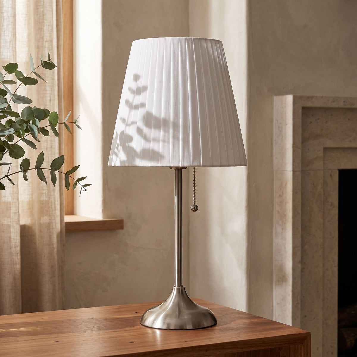 Scandinavian Metal Bedside Table Lamp, close view on a timber surface