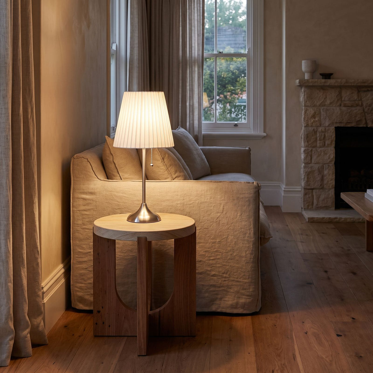 Scandinavian Metal Bedside Table Lamp on a side table beside a sofa