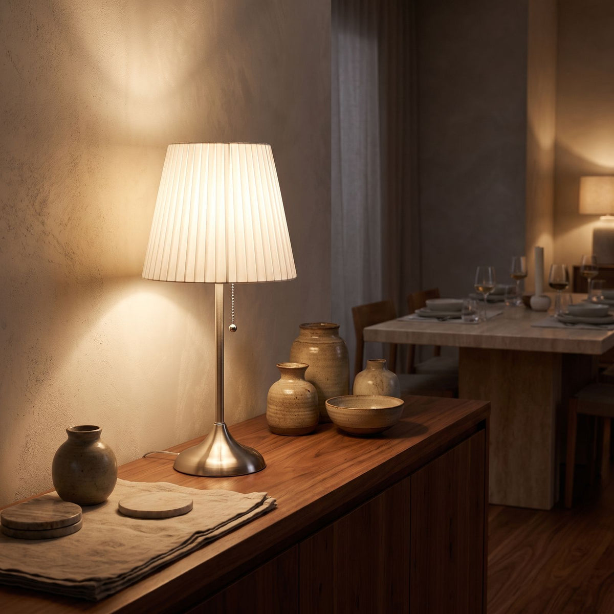 Scandinavian Metal Bedside Table Lamp on a timber sideboard in a dining room
