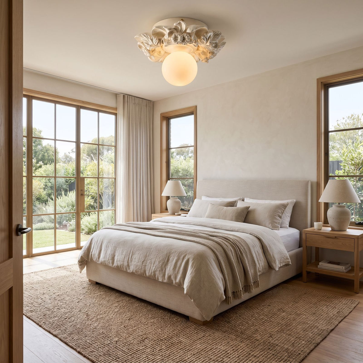 Sculpted Floral Canopy Opal Glass Flush Mount Ceiling Light in a bedroom in daylight