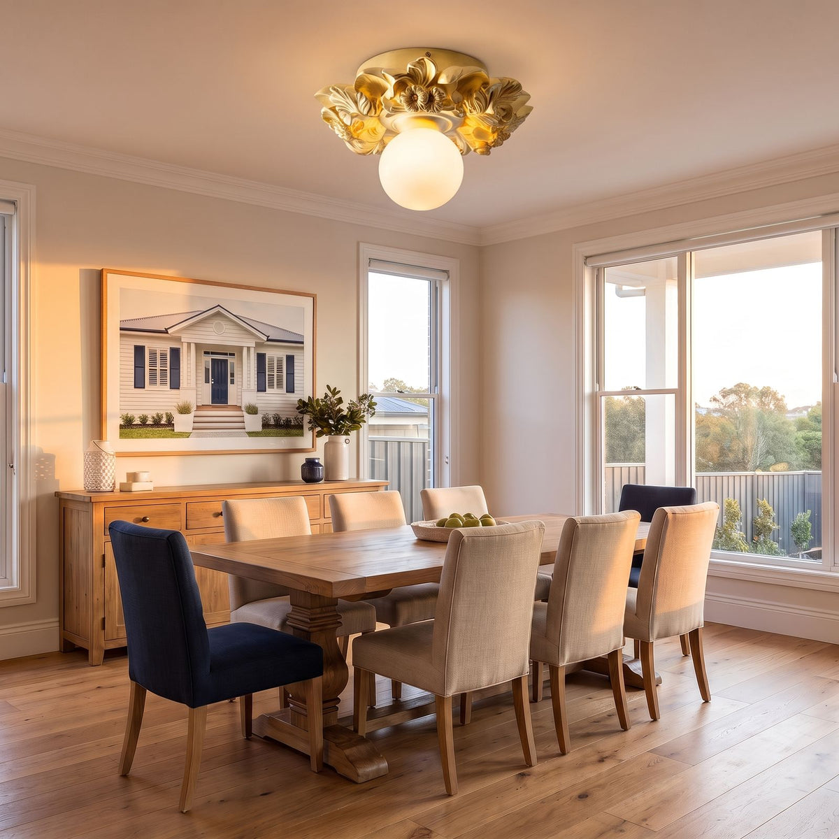 Sculpted Floral Canopy Opal Glass Flush Mount Ceiling Light in gold, above a dining table