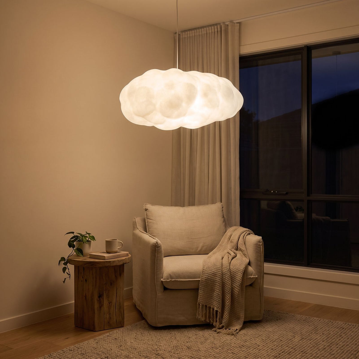 White cloud pendant light in a bedroom corner at night