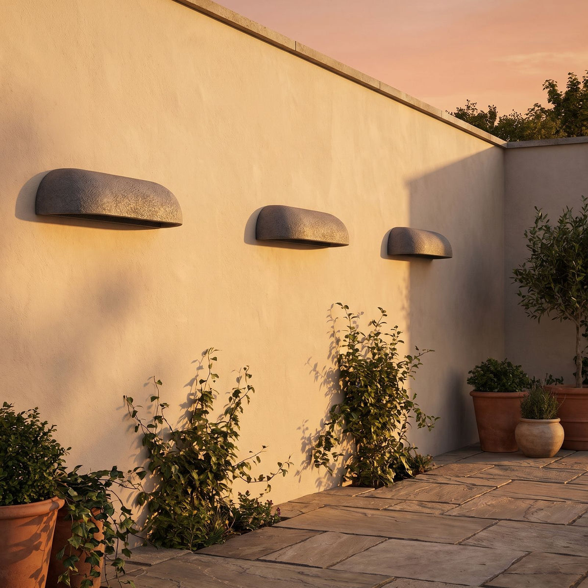 Semi Oval Stone Outdoor Wall Light in a pair on the facade of an Australian home