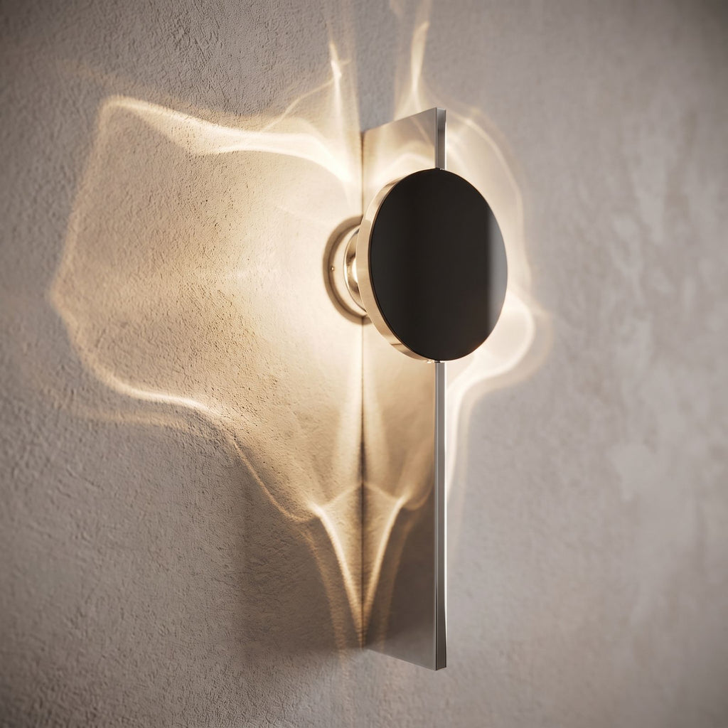 Shadow Casting Aluminium and Glass Wall Light, close view at 45 degrees on a plaster wall