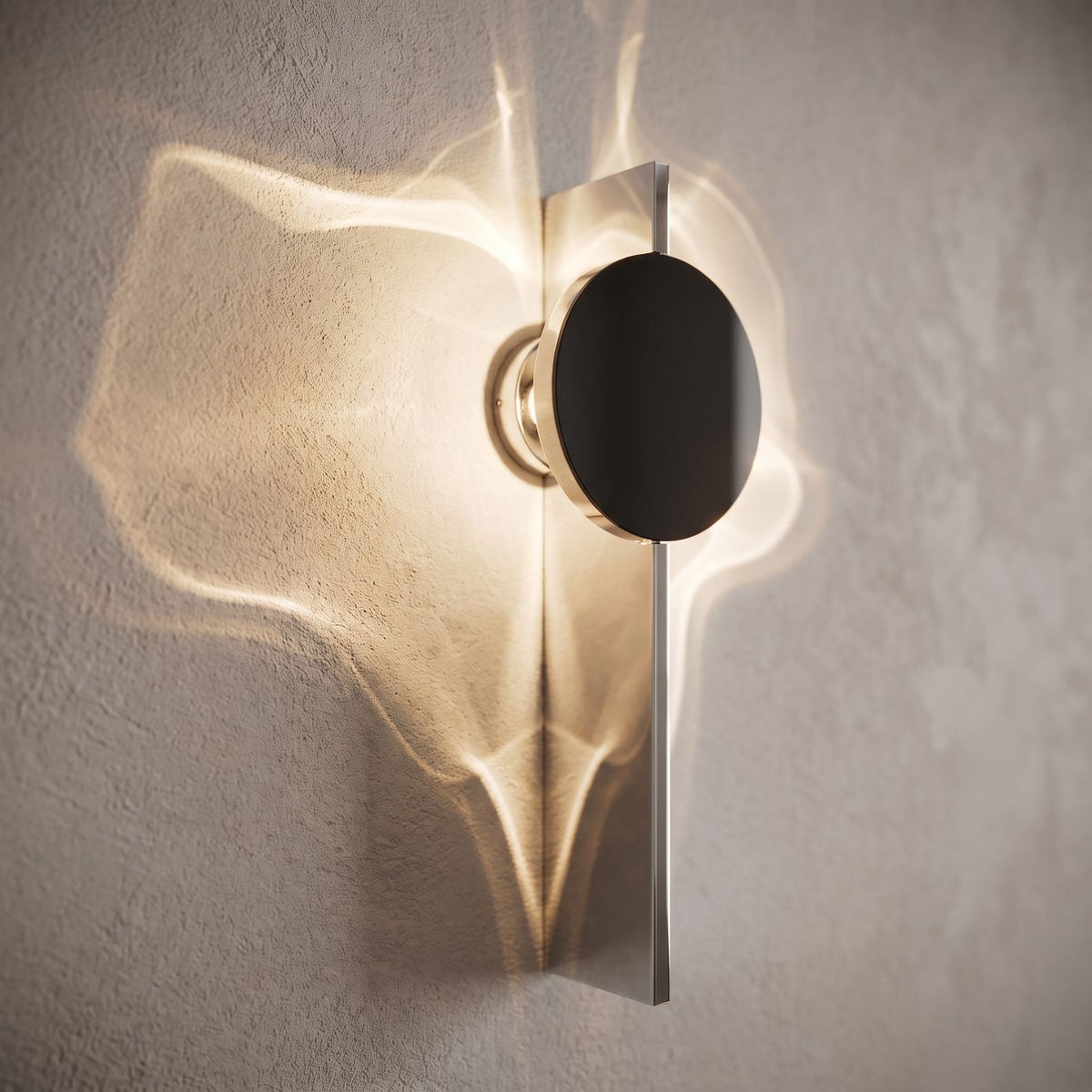 Shadow Casting Aluminium and Glass Wall Light, close view at 45 degrees on a plaster wall