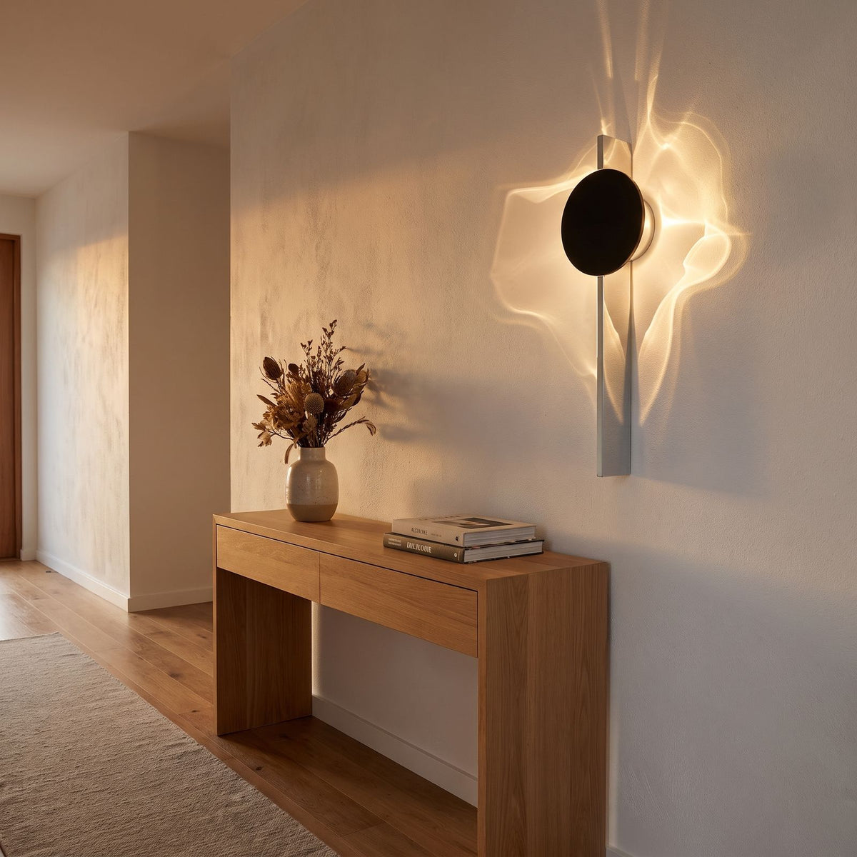 Shadow Casting Aluminium and Glass Wall Light in a hallway above a timber console