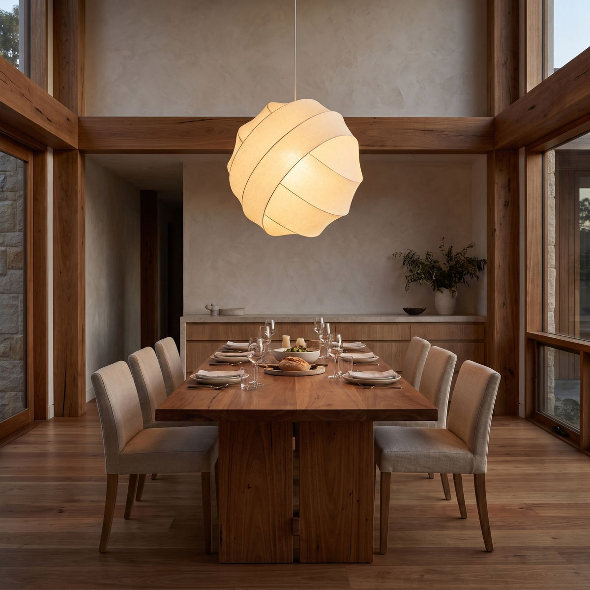Silk Ball Japandi LED Pendant Light above a timber dining table