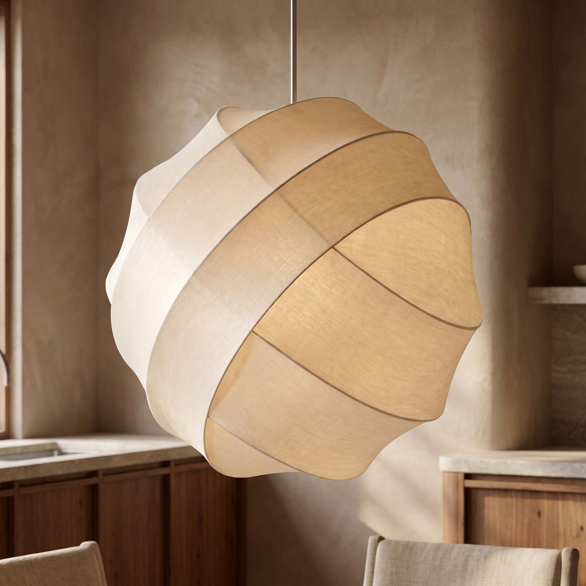 Silk Ball Japandi LED Pendant Light, close view from below