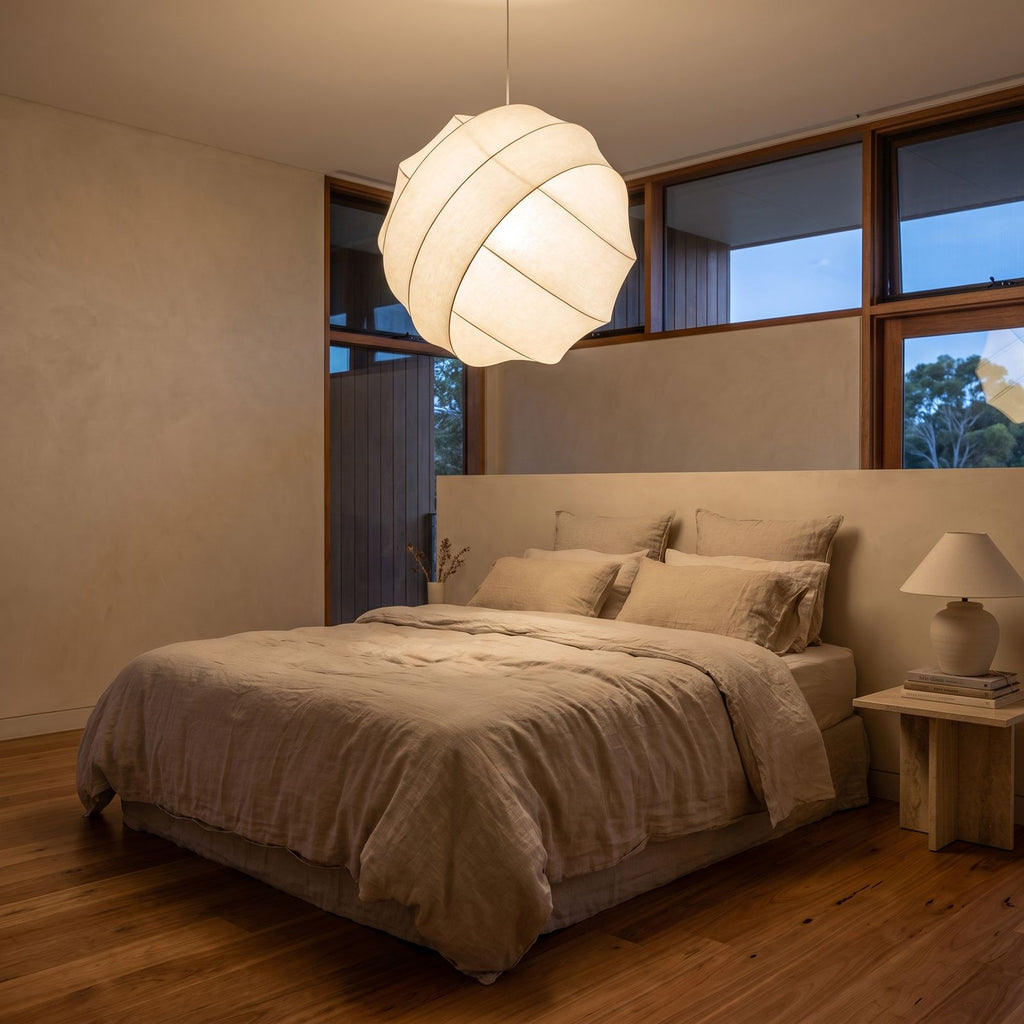 Silk Ball Japandi LED Pendant Light centred above a bed