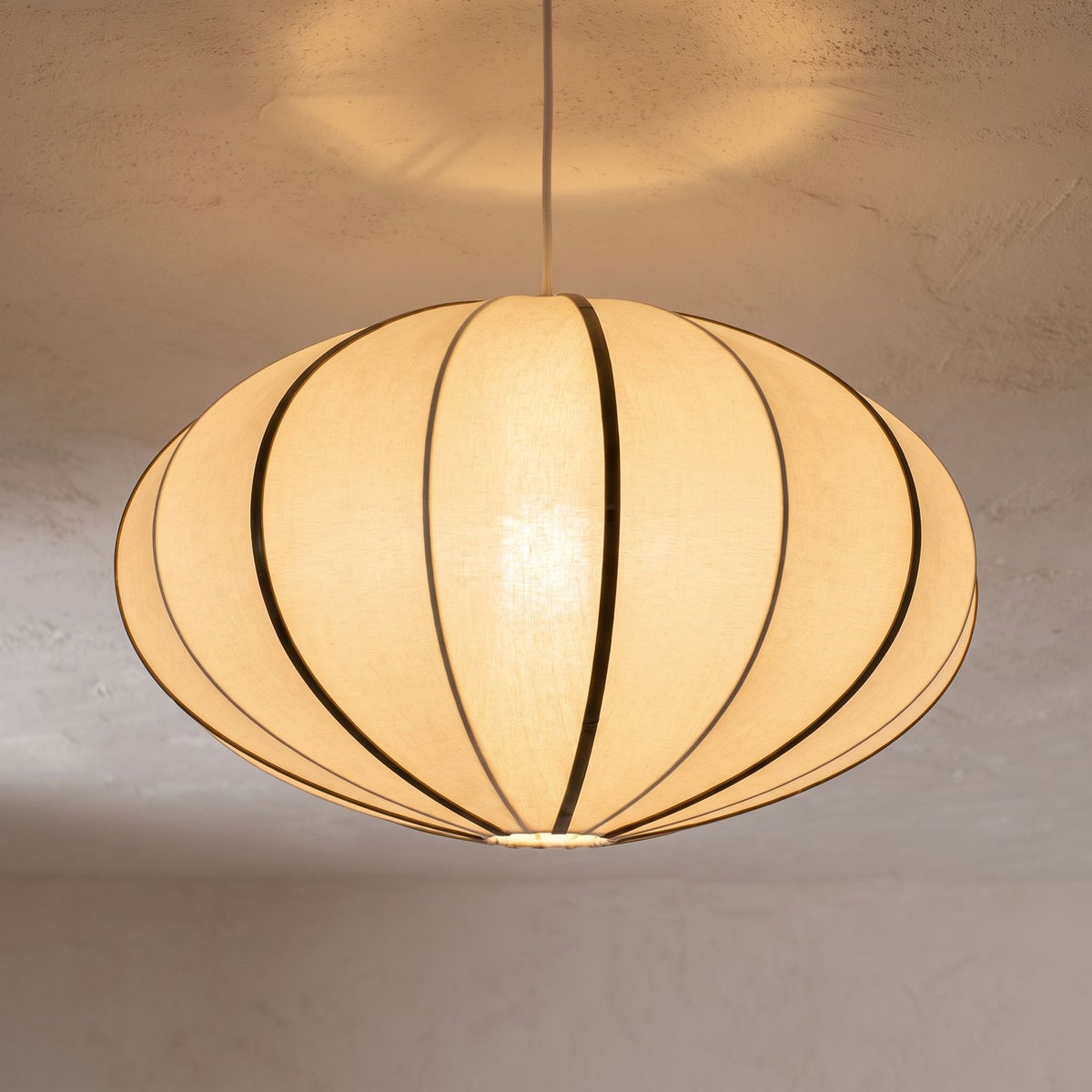 Silk Pumpkin Lantern Japandi Pendant Light, close view from below