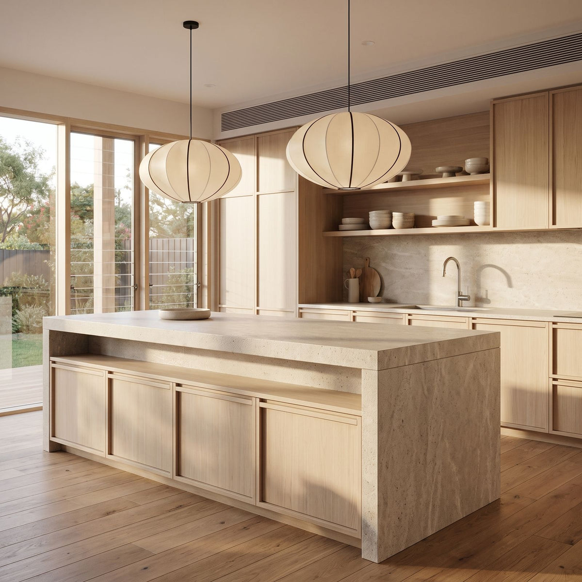 Silk Pumpkin Lantern Japandi Pendant Light in a pair over a stone kitchen island