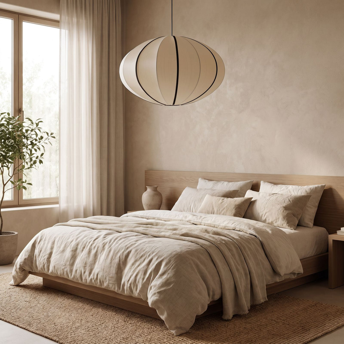 Silk Pumpkin Lantern Japandi Pendant Light above a bed