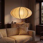 Silk Pumpkin Lantern Japandi Pendant Light in a living room