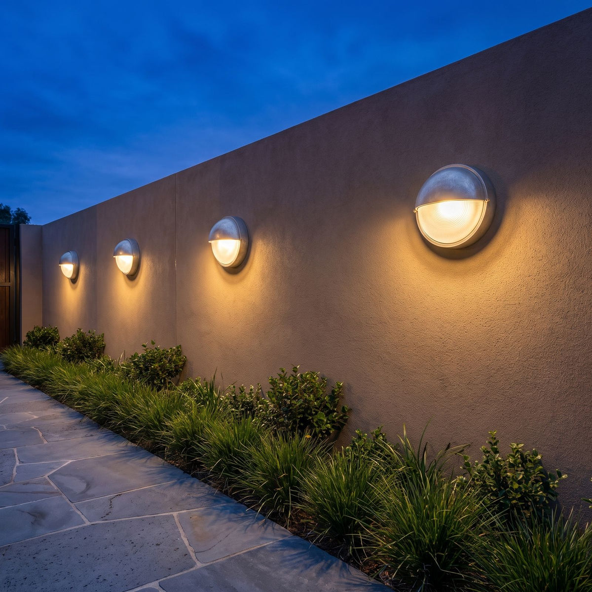 A row of Silver Bulkhead Outdoor Wall Lights along a rendered garden wall at dusk