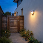Silver Bulkhead Outdoor Wall Light on a rendered side wall beside a timber gate at dusk