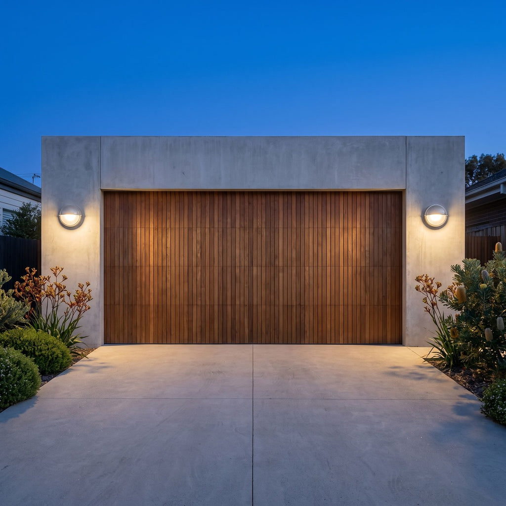 A pair of Silver Bulkhead Outdoor Wall Lights either side of a timber garage door