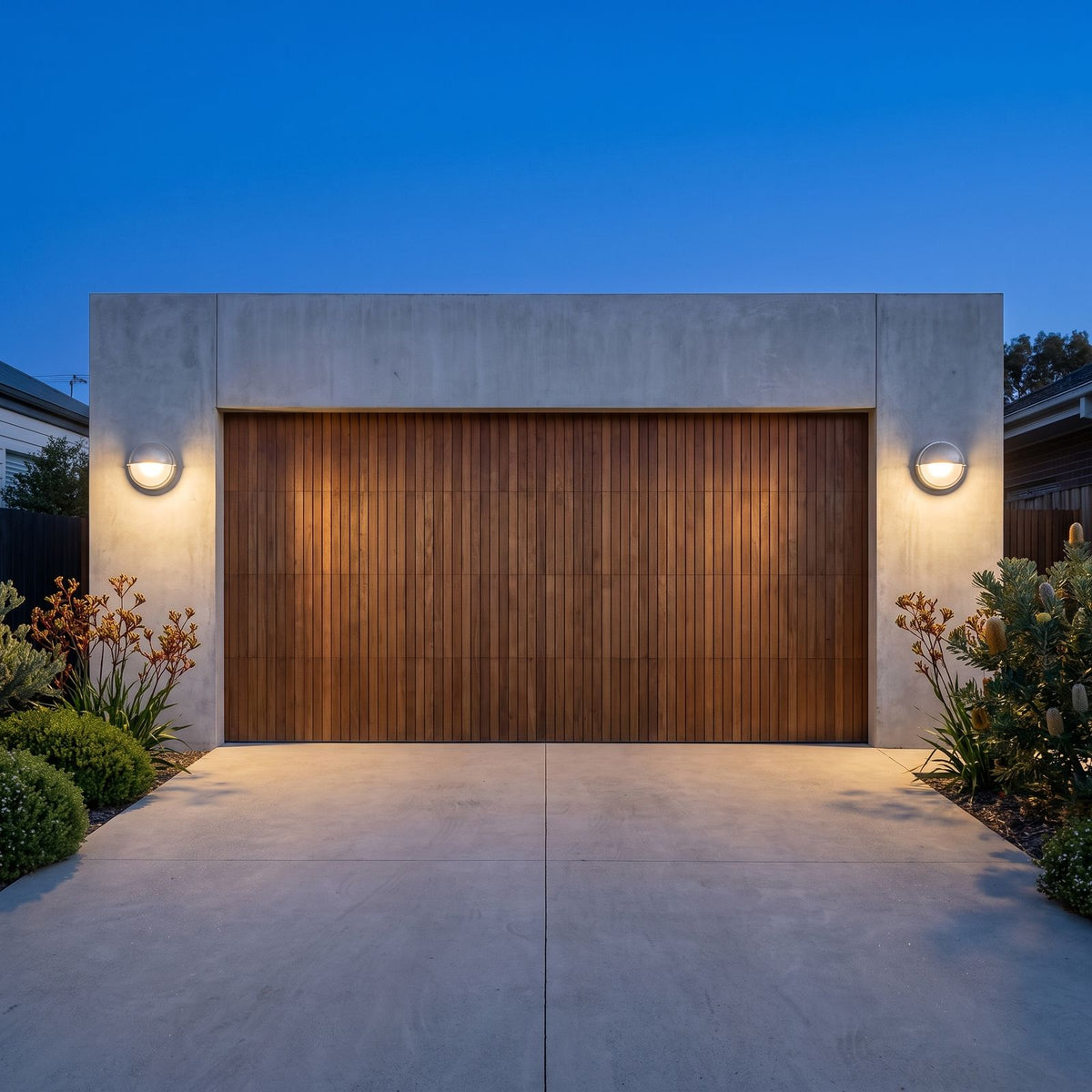 A pair of Silver Bulkhead Outdoor Wall Lights either side of a timber garage door