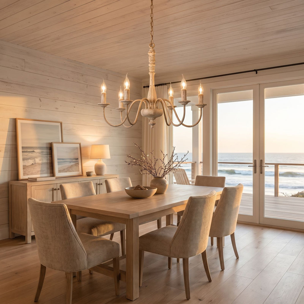 Six Arm Distressed Candle Chandelier above a dining table at golden hour