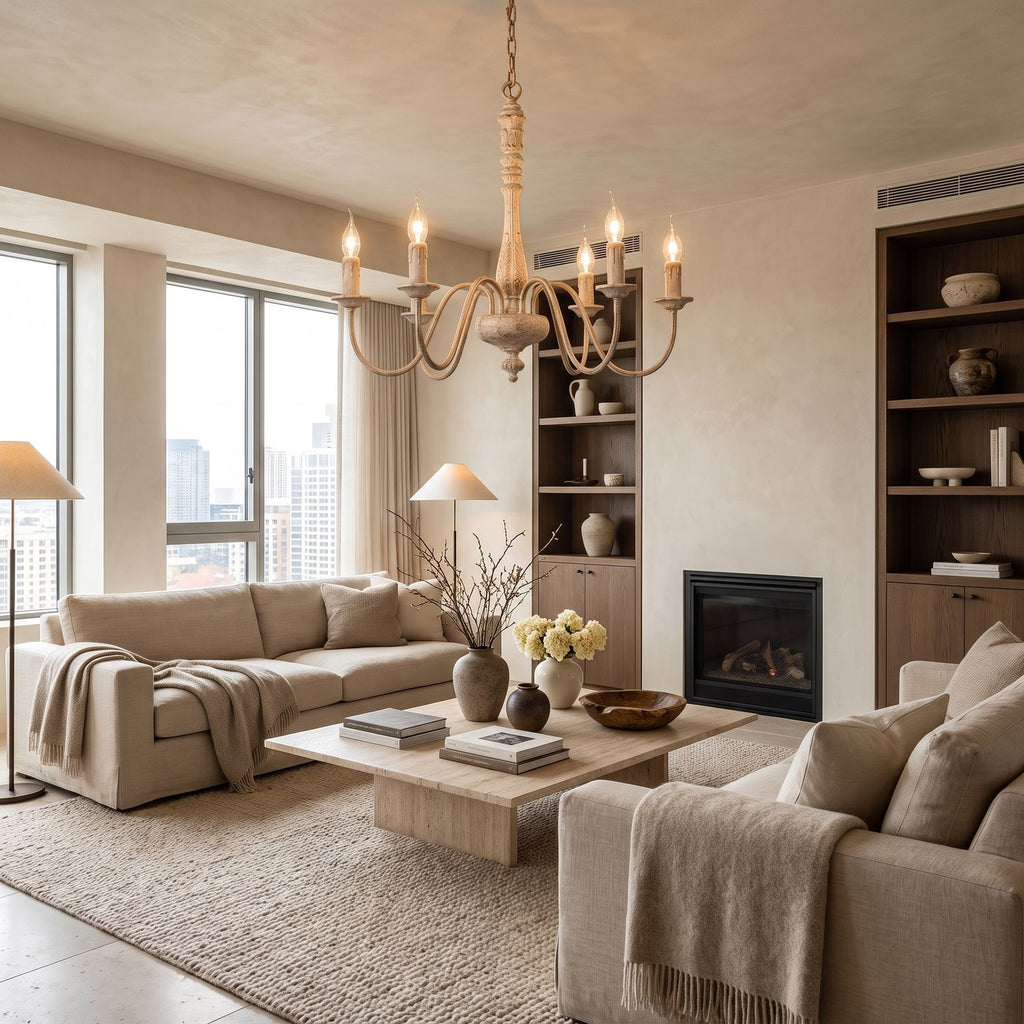 Six Arm Distressed Candle Chandelier above a coffee table in a living room in daylight