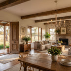 Six Arm Distressed Candle Chandelier in an open-plan living and dining room, wide view