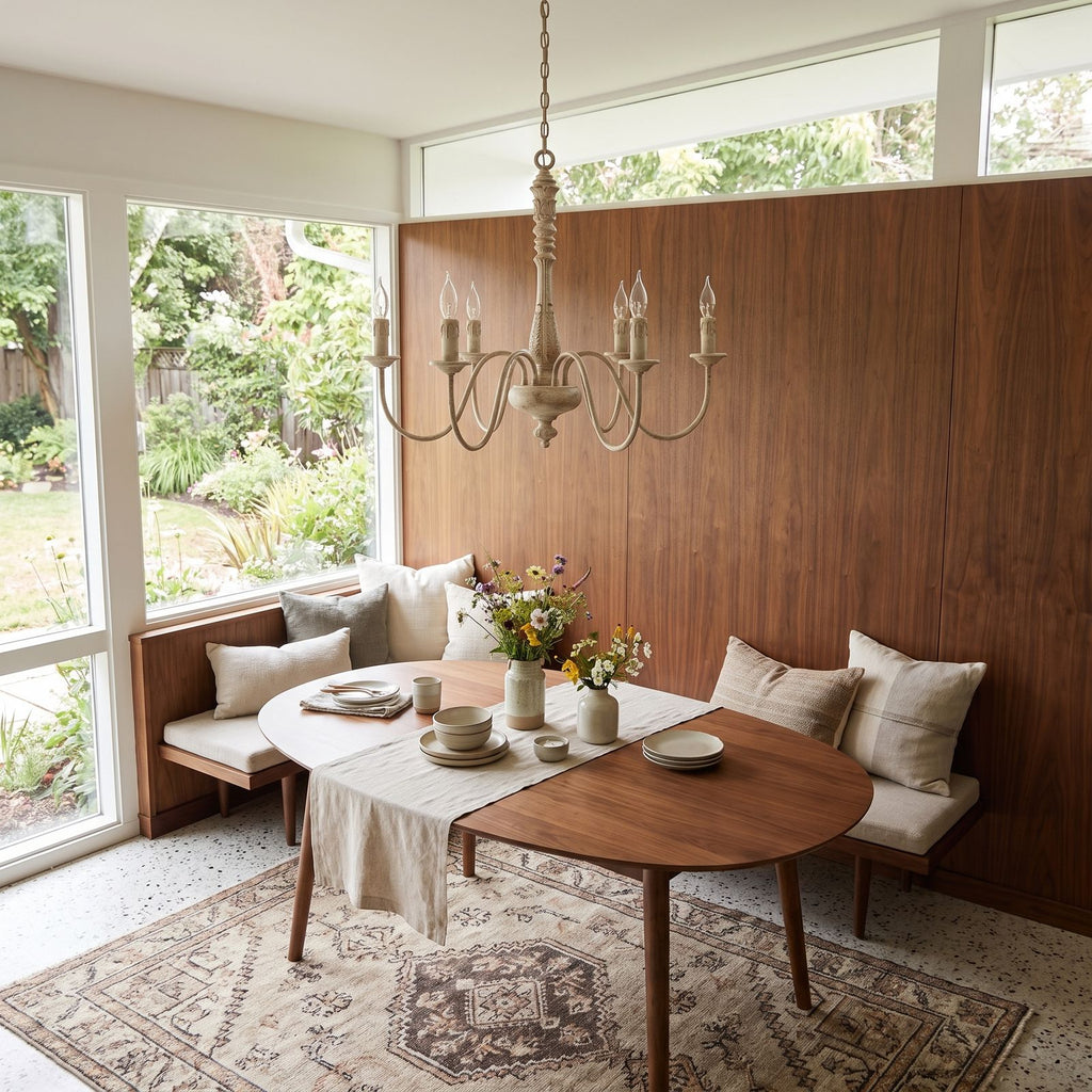 Six Arm Distressed Candle Chandelier in a styled bedroom in soft daylight