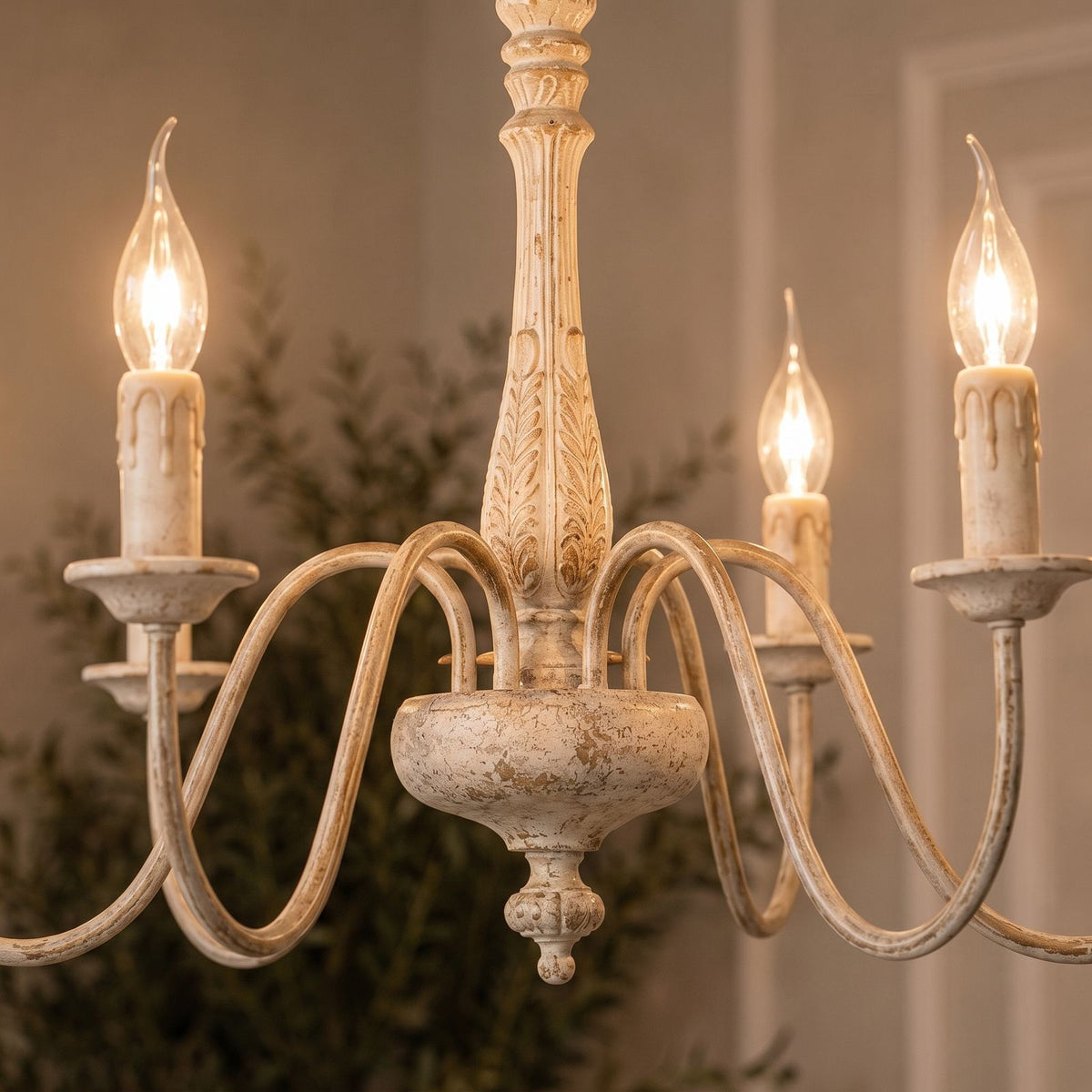 Six Arm Distressed Candle Chandelier: close-up of the materials and finish