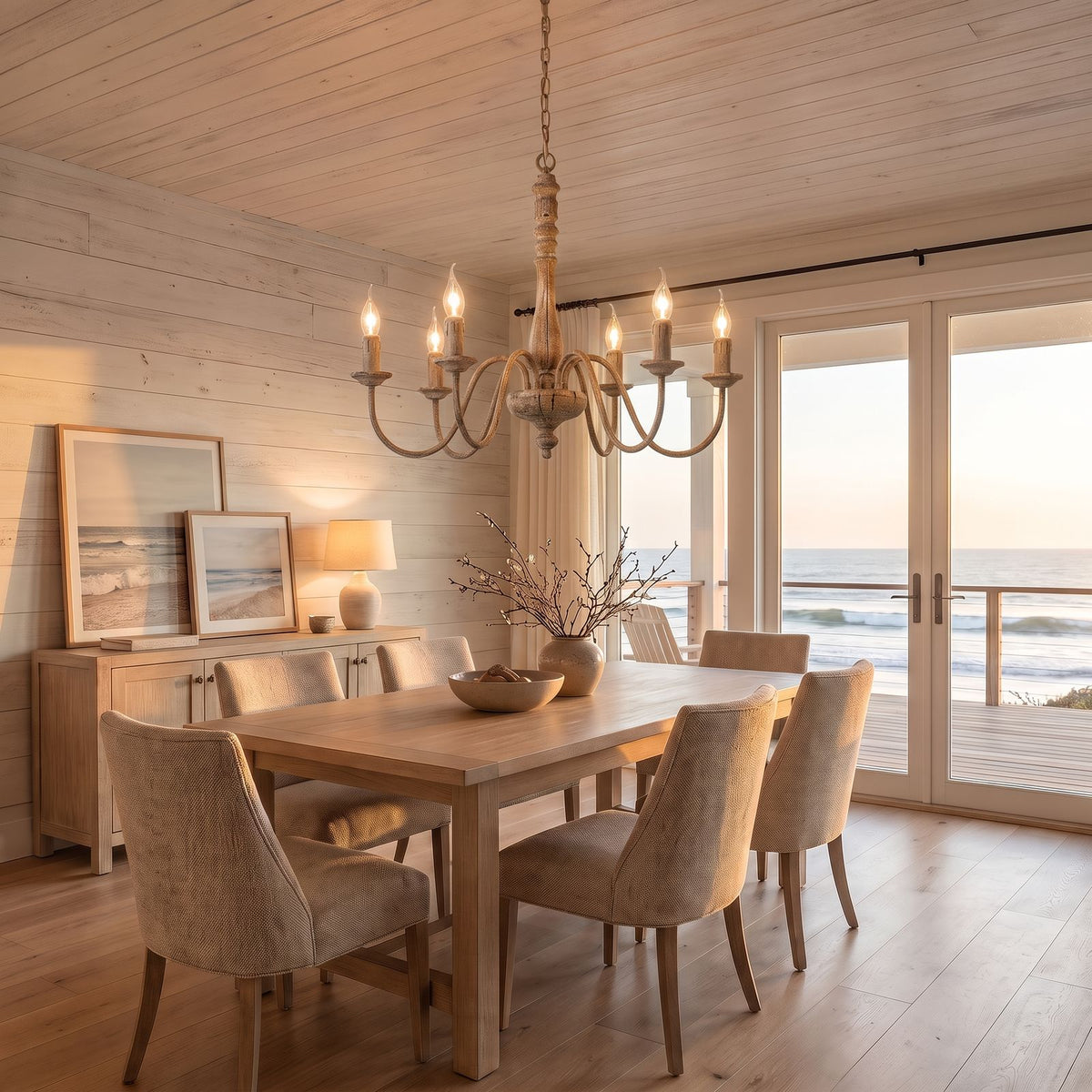 Six Arm Distressed Candle Chandelier in old wood tone above a dining table at golden hour