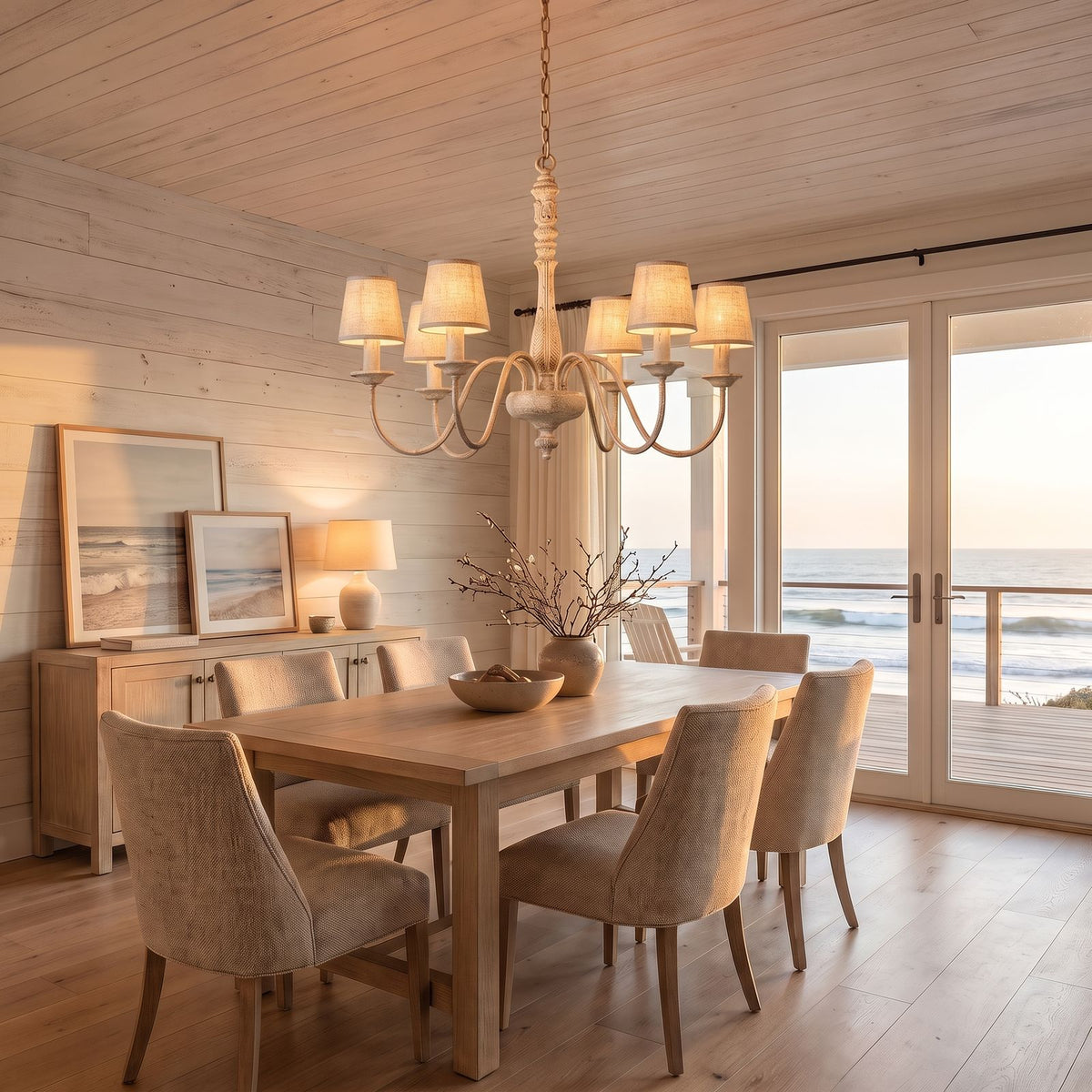 Six Arm Distressed Candle Chandelier with shades above a dining table at golden hour