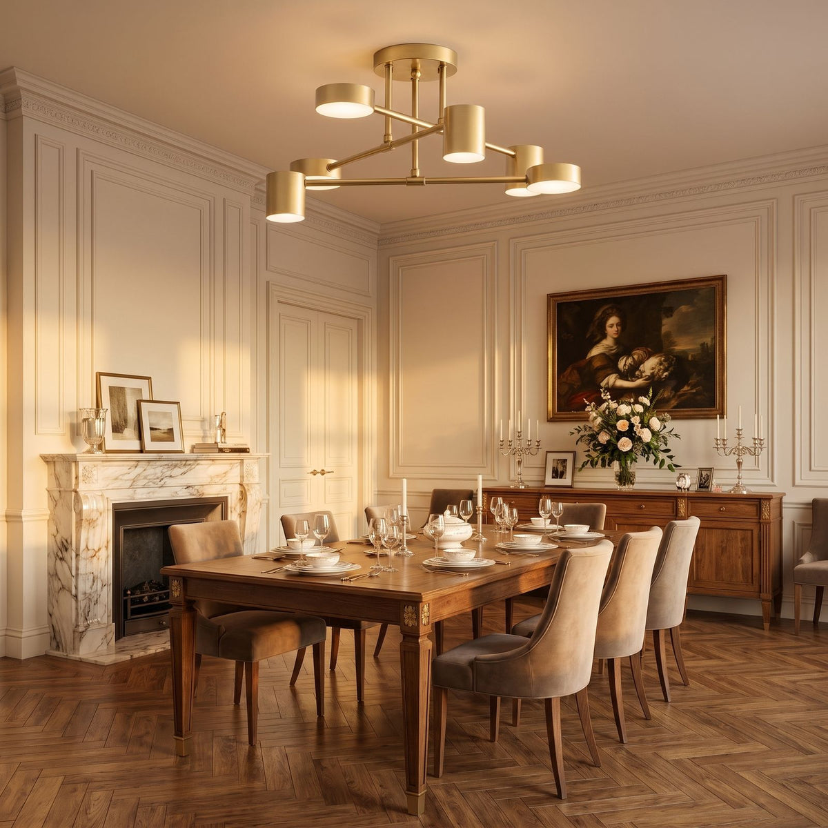 Six Head Cylinder Arm Semi-Flush Ceiling Light above a dining table