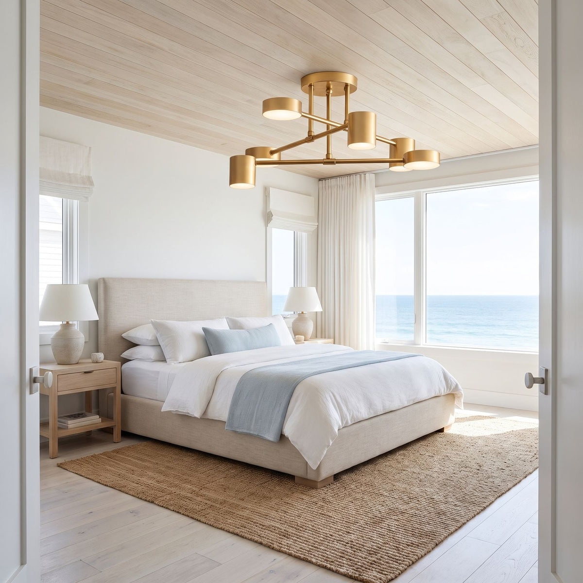 Six Head Cylinder Arm Semi-Flush Ceiling Light in a bedroom in daylight