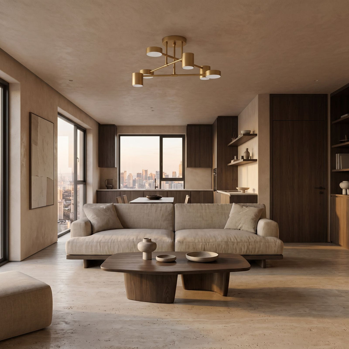 Six Head Cylinder Arm Semi-Flush Ceiling Light in an open-plan living area, wide view