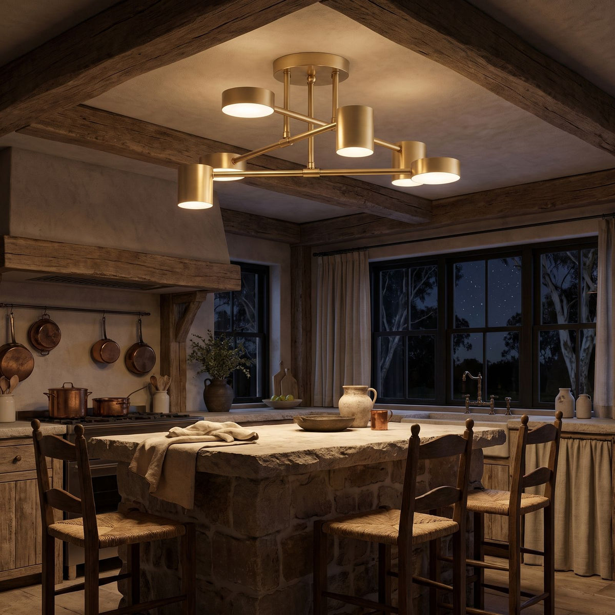 Six Head Cylinder Arm Semi-Flush Ceiling Light above a kitchen island at night