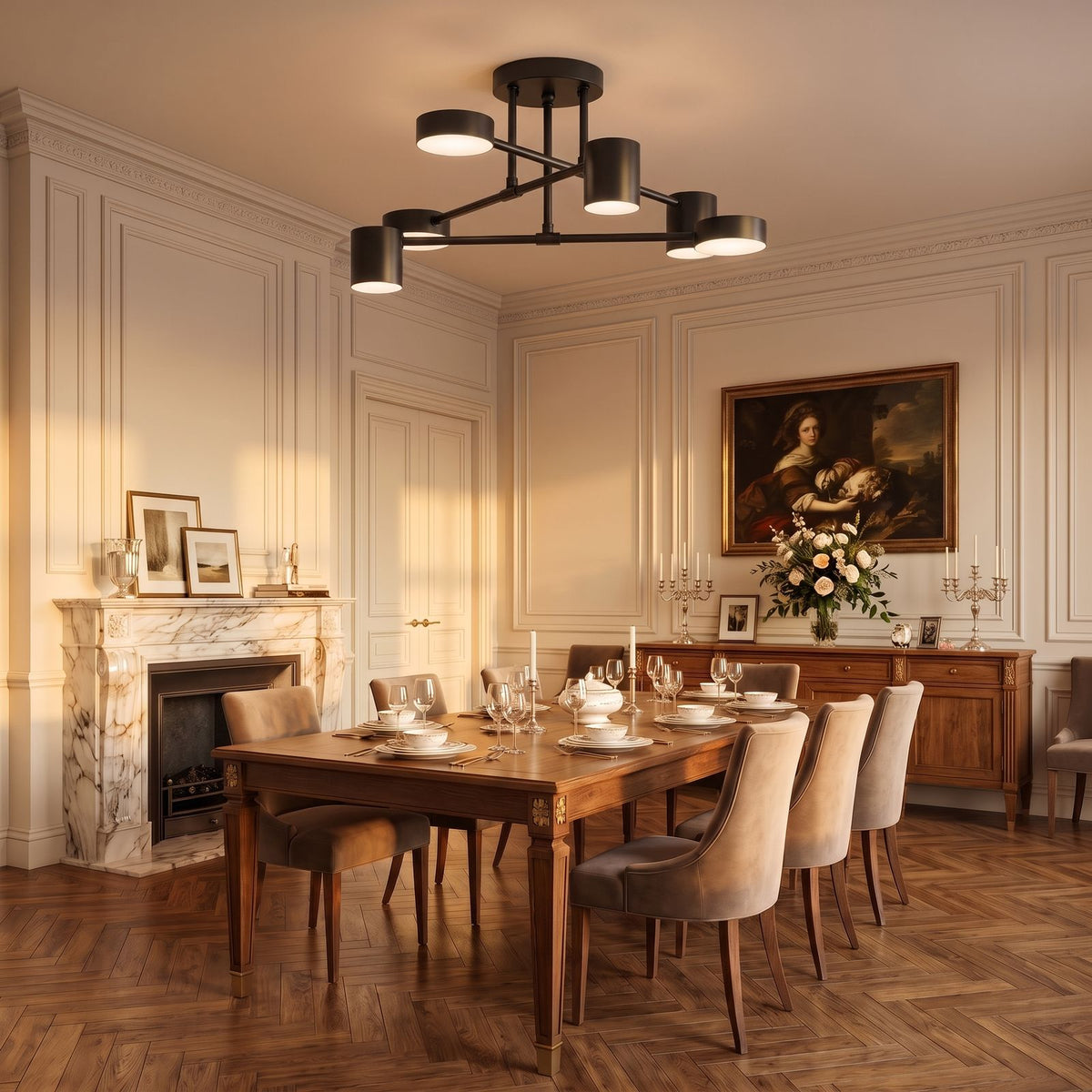 Six Head Cylinder Arm Semi-Flush Ceiling Light in black, above a dining table