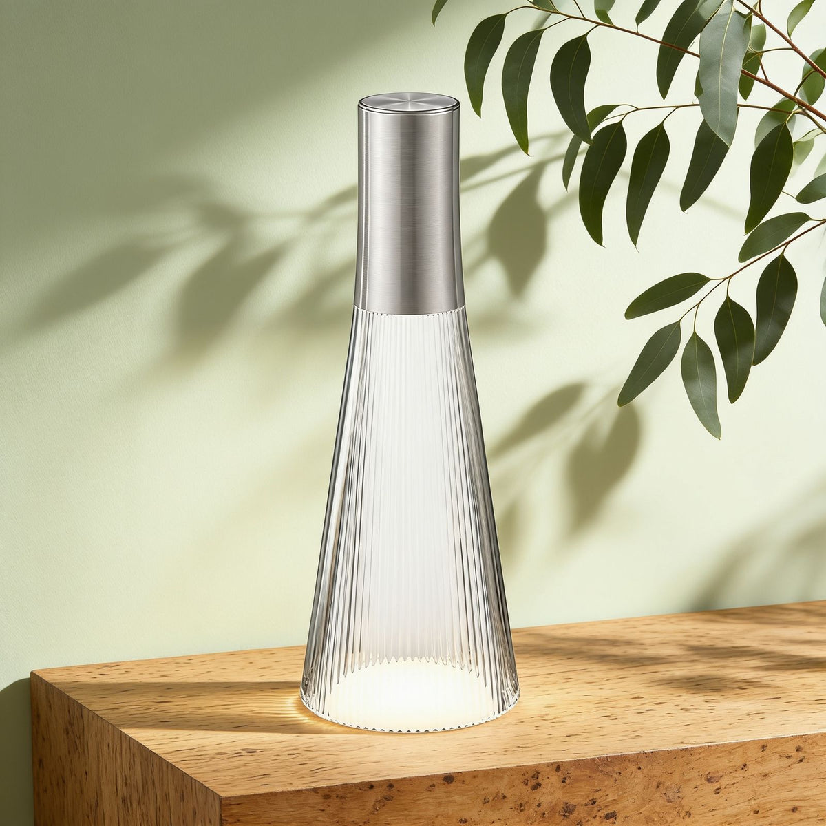 Slim Acrylic Rechargeable Touch Table Lamp, close view on a timber surface
