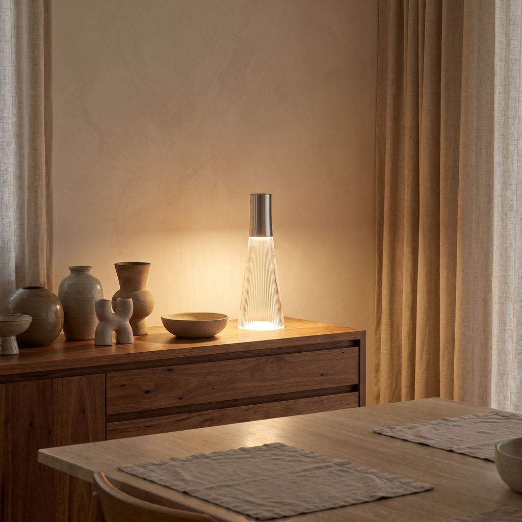 Slim Acrylic Rechargeable Touch Table Lamp on a timber sideboard in a dining room
