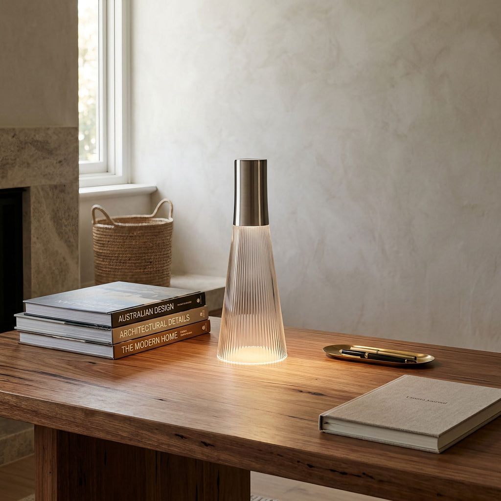 Slim Acrylic Rechargeable Touch Table Lamp on a study desk