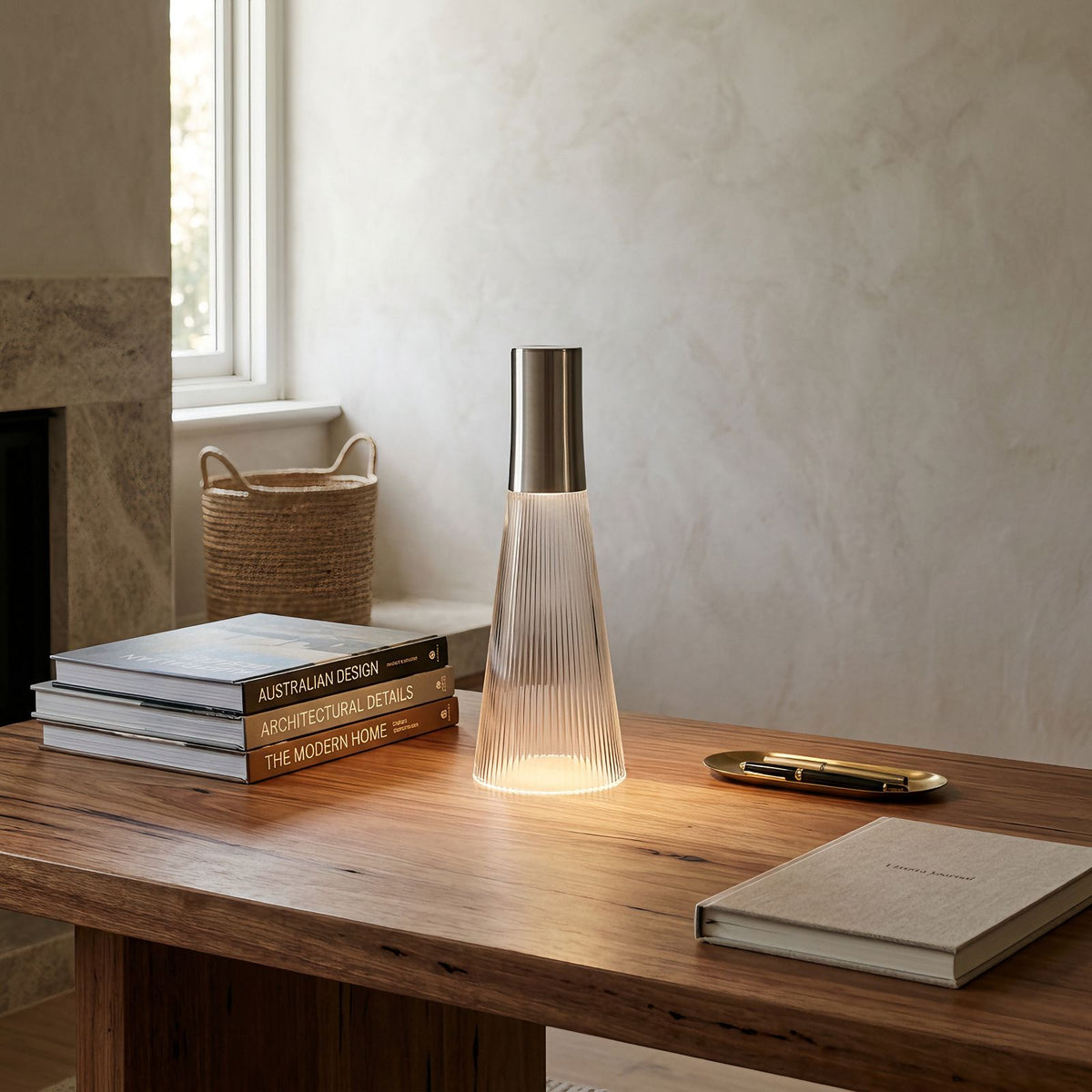 Slim Acrylic Rechargeable Touch Table Lamp on a study desk