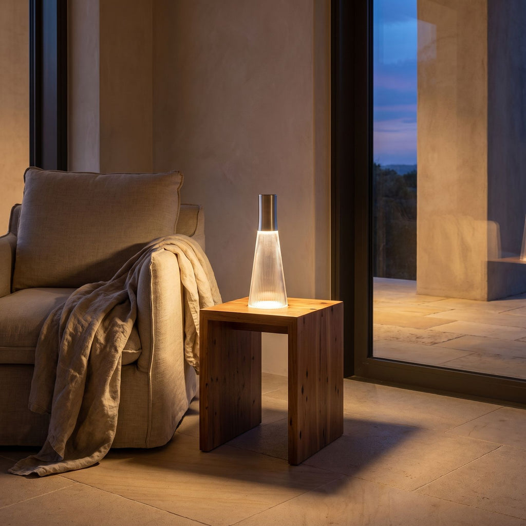 Slim Acrylic Rechargeable Touch Table Lamp beside a reading armchair