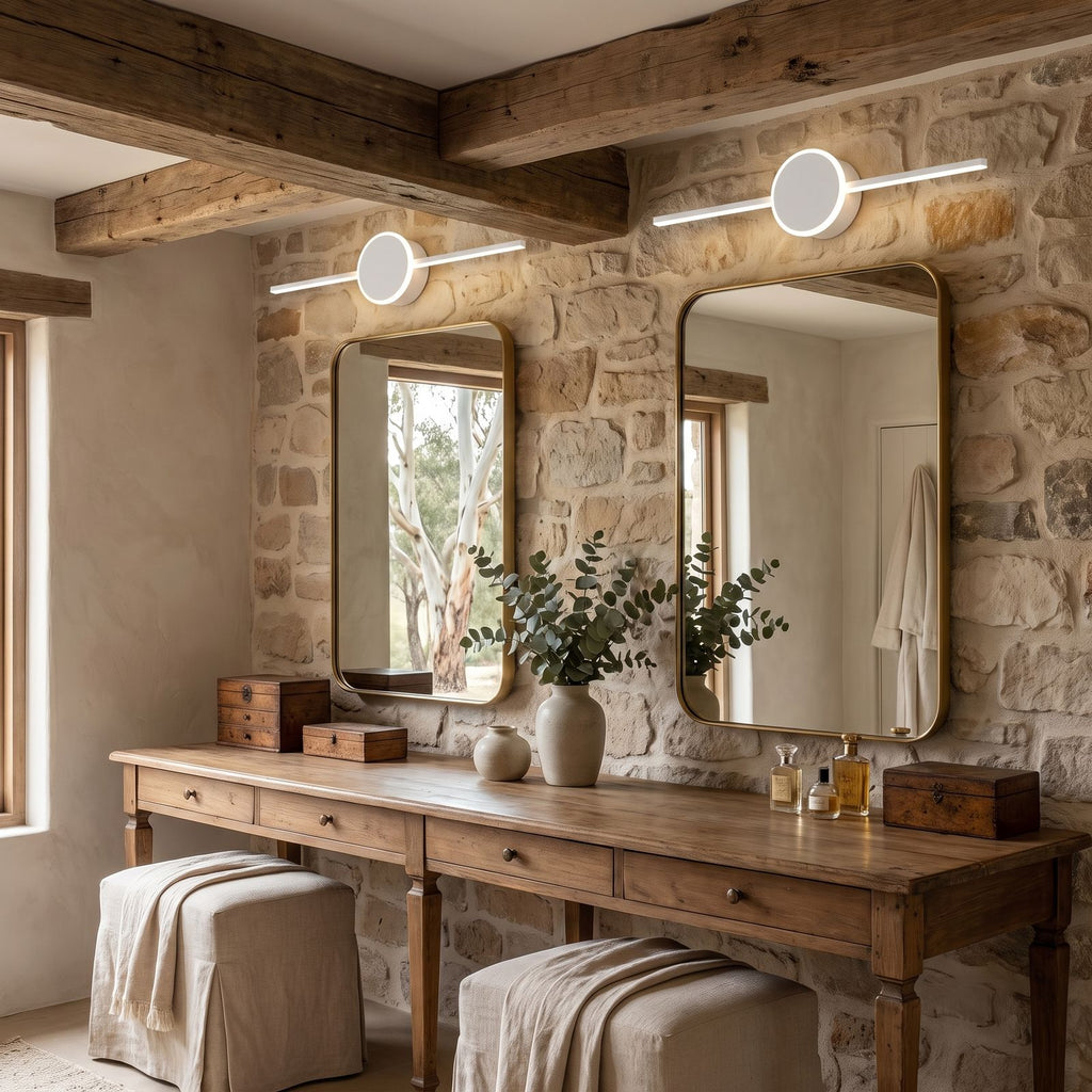 Slim Aluminium Disc and Bar LED Vanity Wall Light: a pair above twin mirrors on a long dressing table