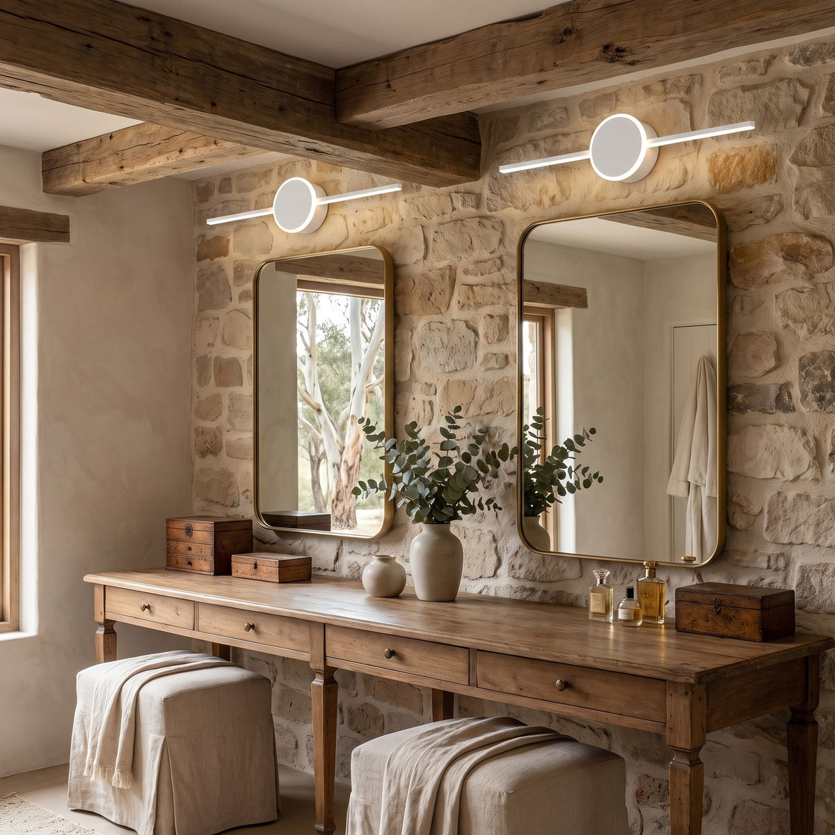 Slim Aluminium Disc and Bar LED Vanity Wall Light: a pair above twin mirrors on a long dressing table
