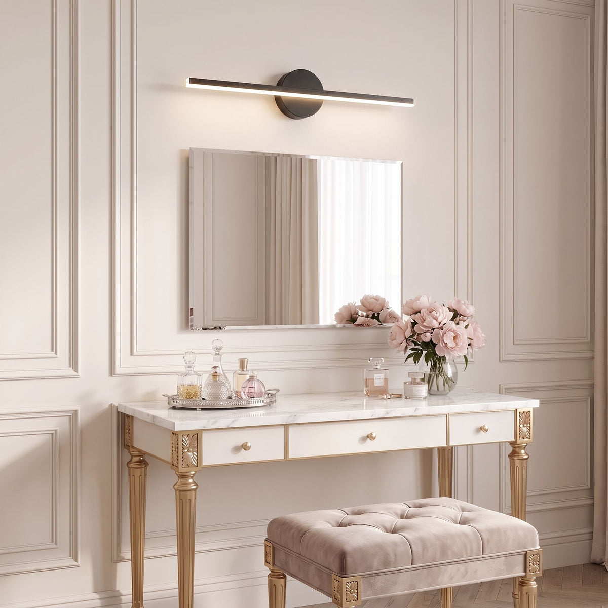 Slim Aluminium Disc and Bar LED Vanity Wall Light in black, above the mirror of a dressing table
