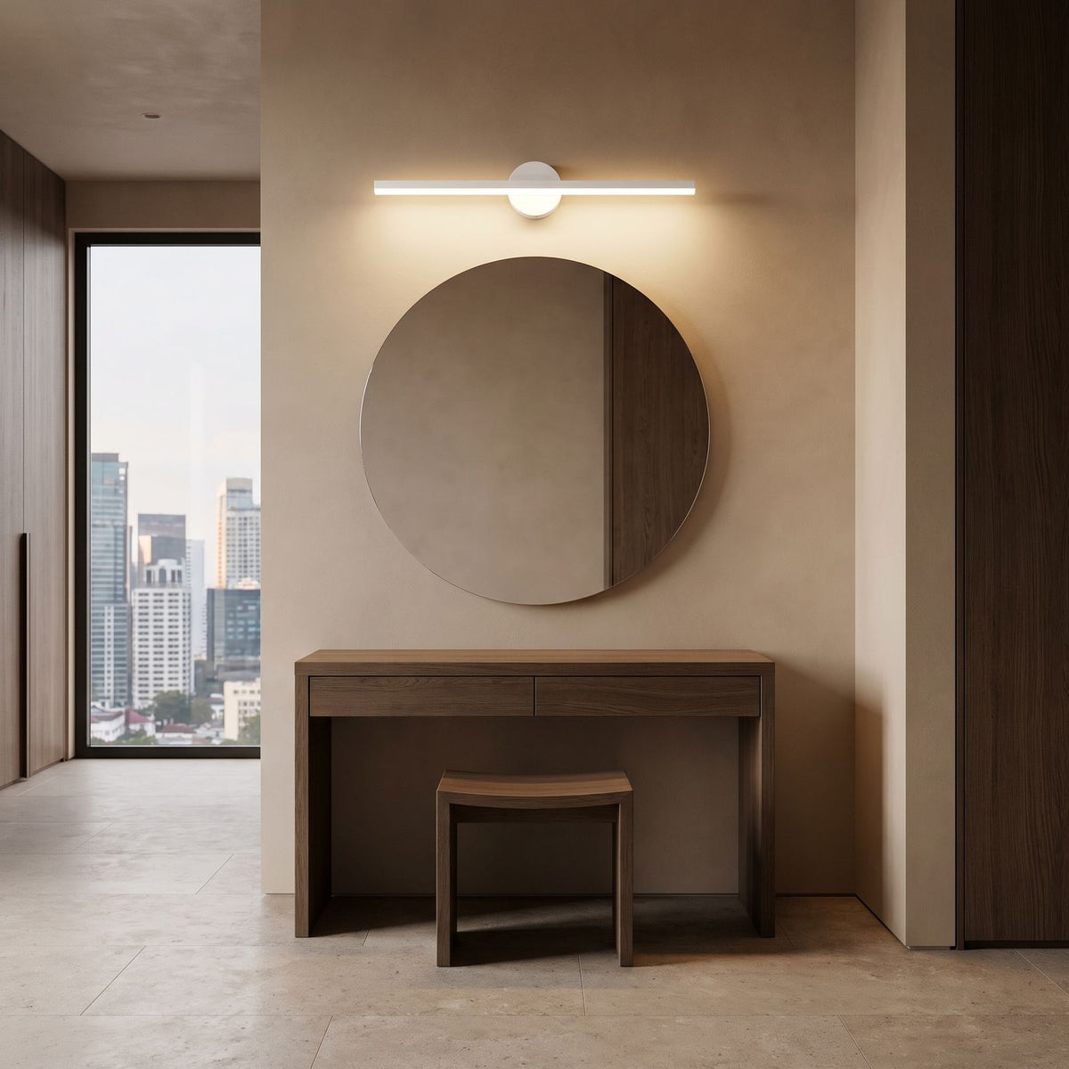Slim Aluminium Disc and Bar LED Vanity Wall Light 80 cm above a dressing table