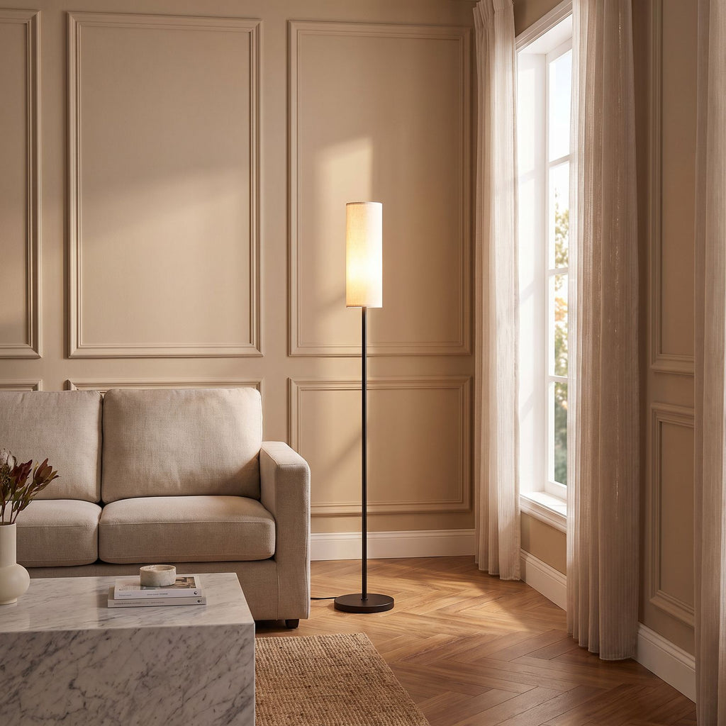 Slim Black Fabric Cylinder Shade Floor Lamp beside a linen sofa in a classic modern living room