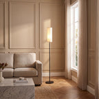 Slim Black Fabric Cylinder Shade Floor Lamp beside a linen sofa in a classic modern living room