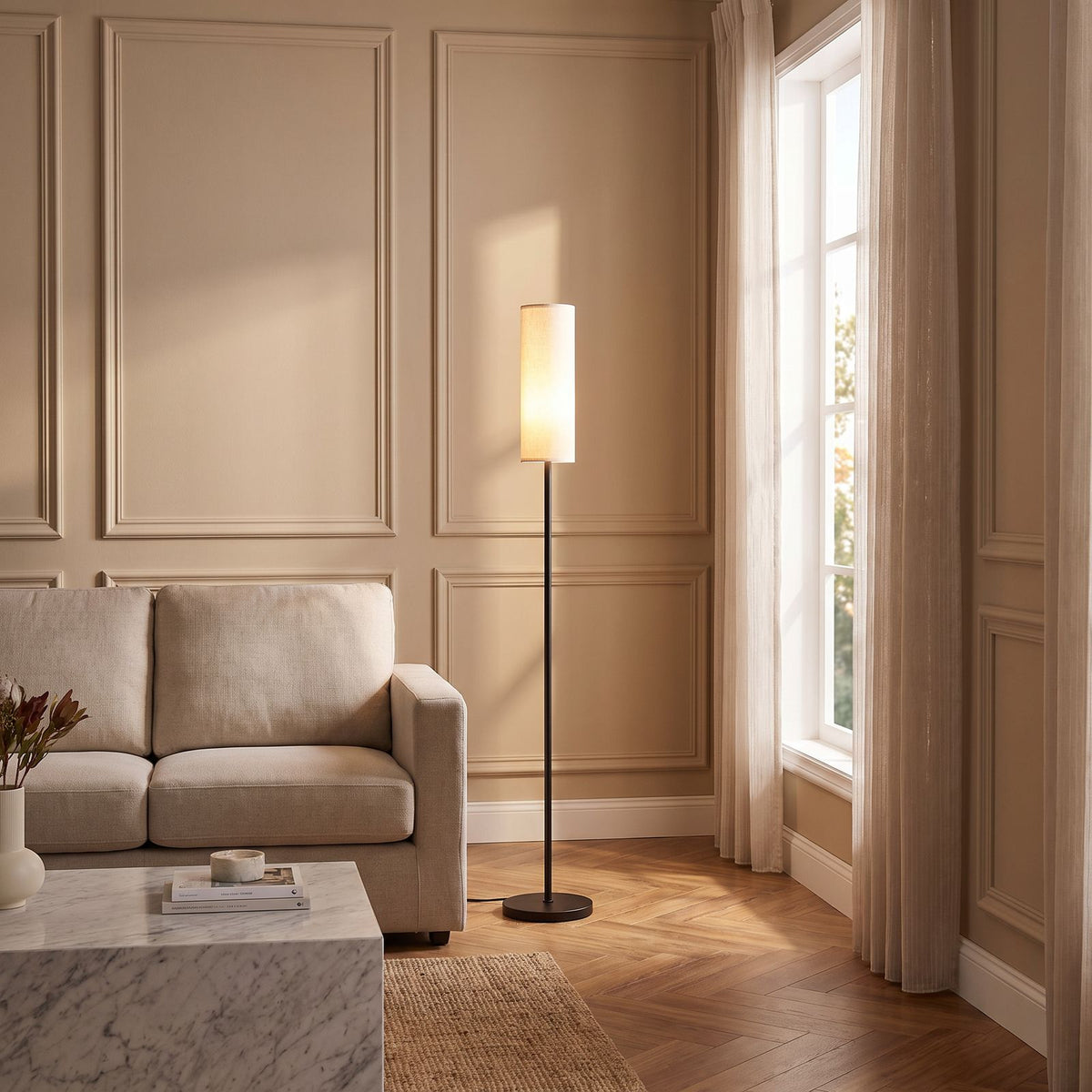 Slim Black Fabric Cylinder Shade Floor Lamp beside a linen sofa in a classic modern living room