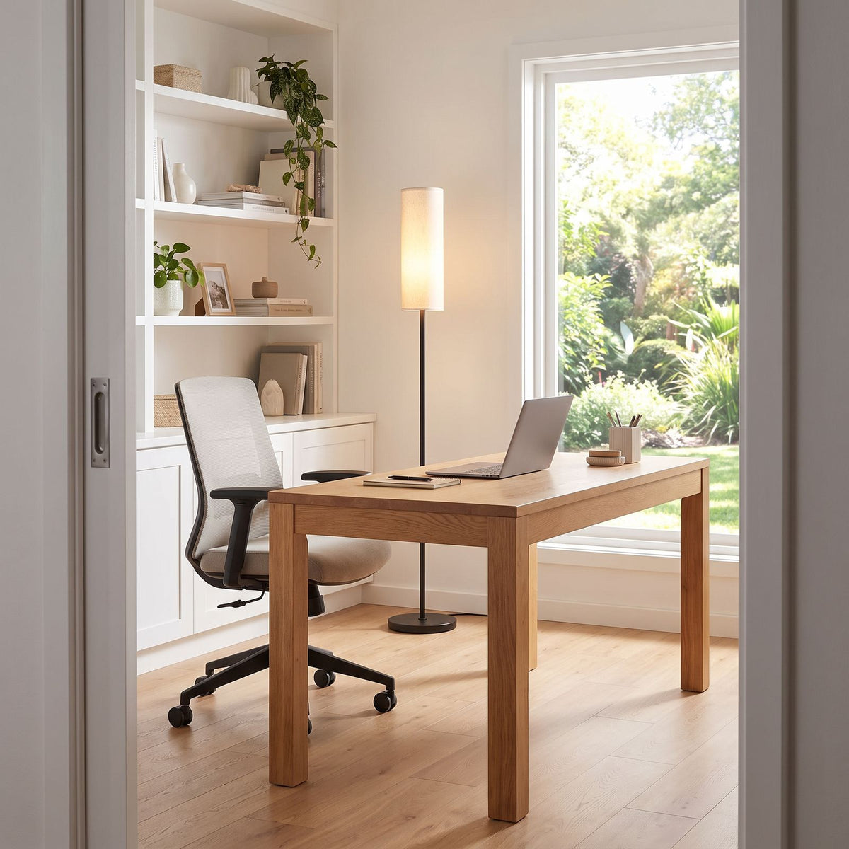 Slim black floor lamp in the corner of a home office beside an oak desk