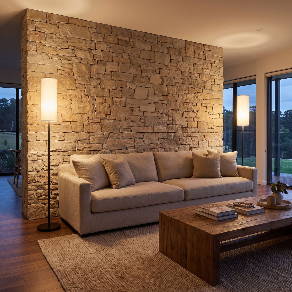 A pair of slim black floor lamps at each end of a sofa in a living room with a stone feature wall