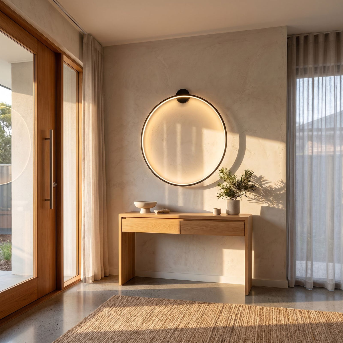 Slim black ring backlit LED wall light in a wide entry hall view