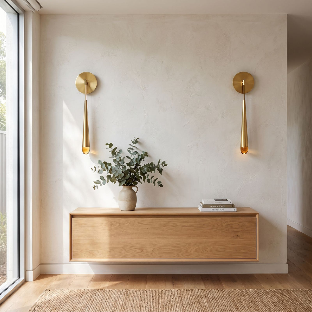 Slim Brass Teardrop Wall Sconce in a pair on a wall of an Australian home