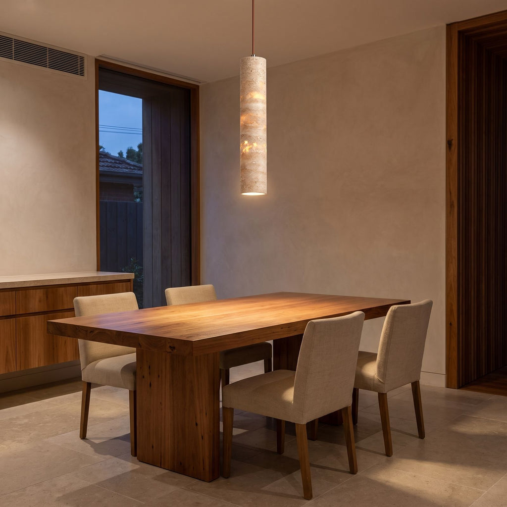 Slim Cream Marble Tube LED Pendant Light above a timber dining table